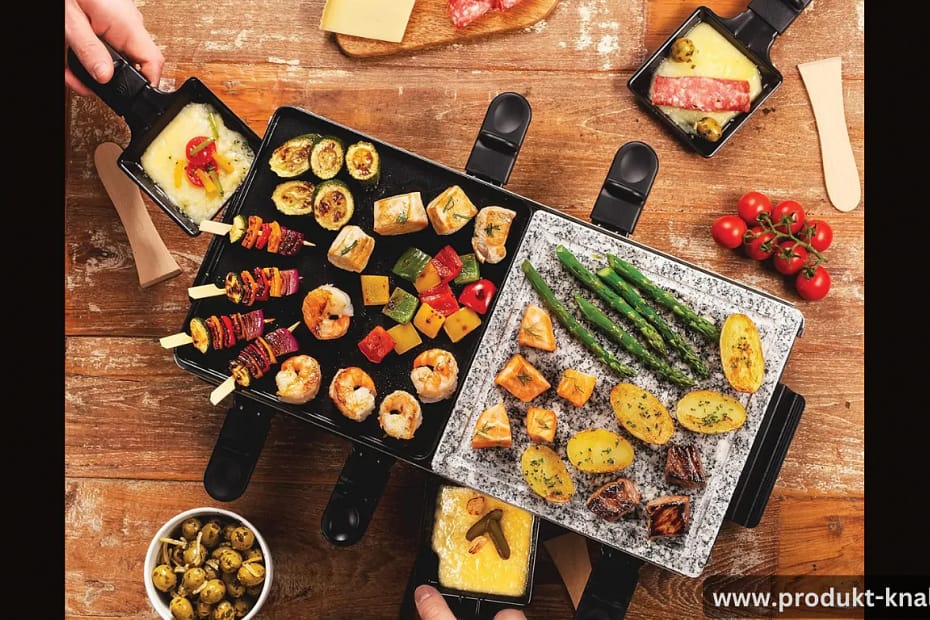 Klassisches Raclette mit Russell Hobbs Raclette-Grill und vielfältigen Zutaten wie Käse, Gemüse und Fleisch – perfekt für gemütliche Abende.